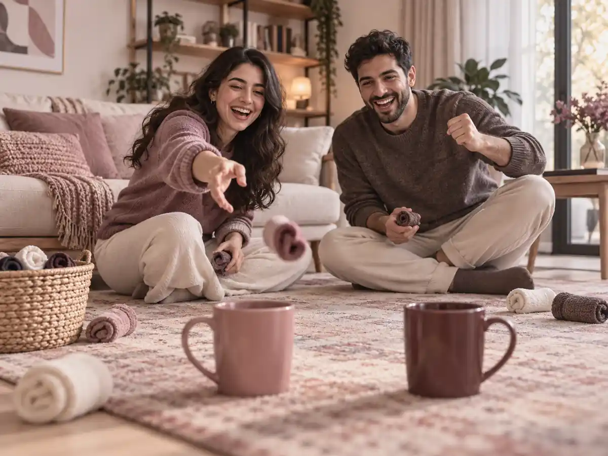 بازی دونفره در خانه با پرتاب جوراب به سمت ماگ در یک مسابقه بامزه